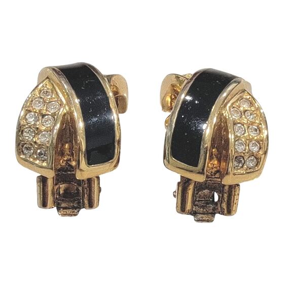 Christian Dior Black Enamel Gold Toned Round Crystal X Design Clip-On Earrings - Picture 4 of 6